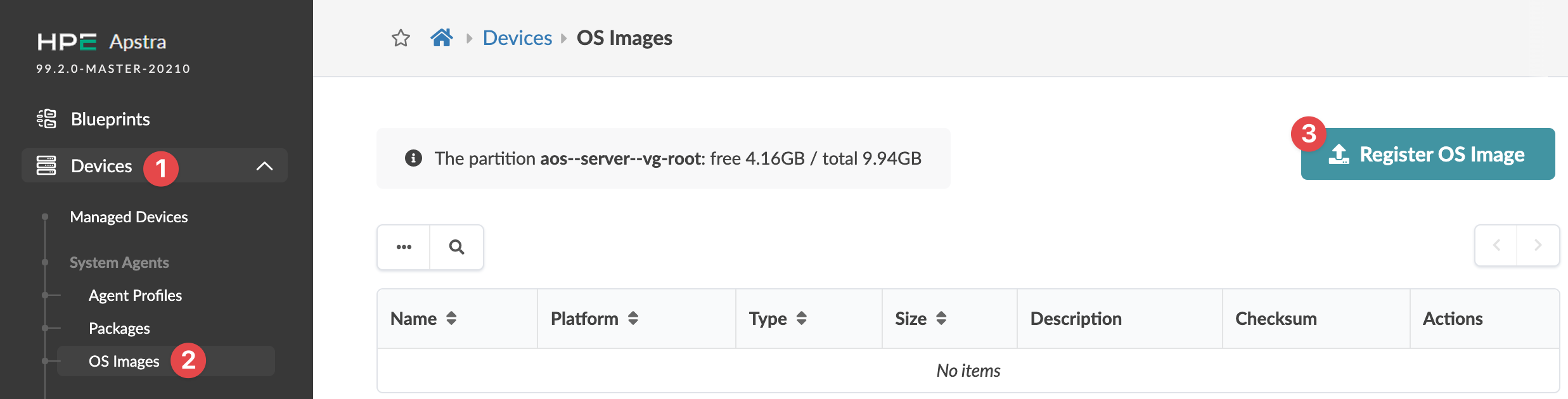 Juniper Apstra interface for OS image management version 99.2.0-MASTER-20210 with no registered OS images and a Register OS Image button.