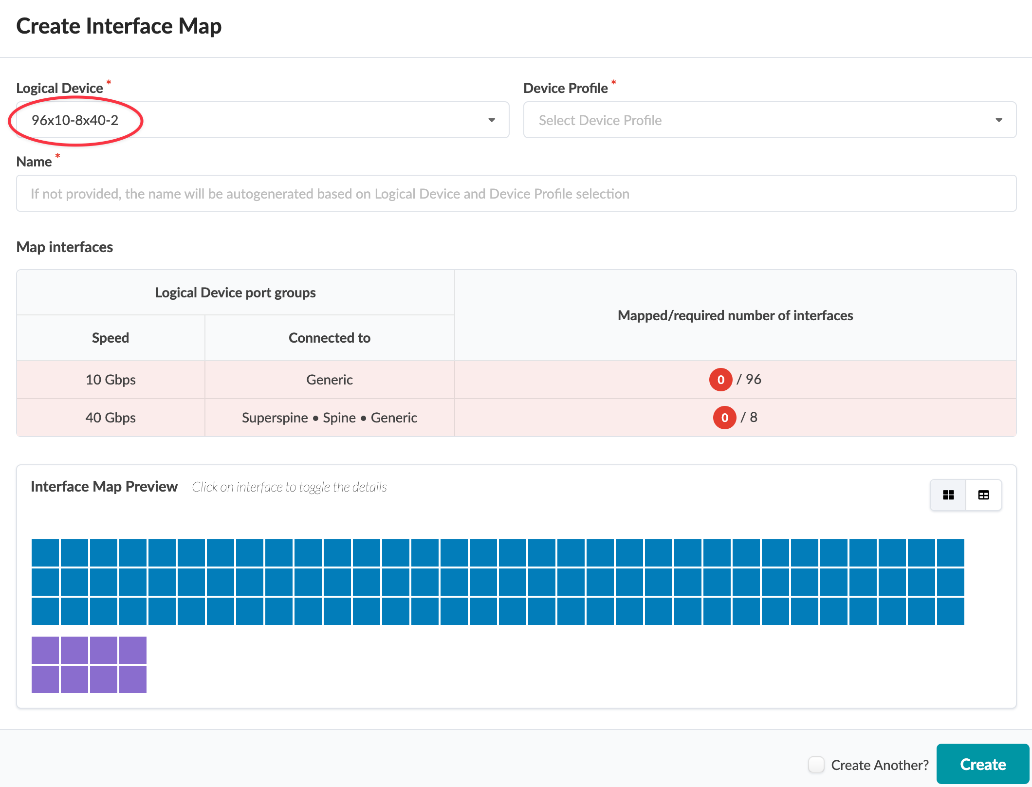 User interface for creating an Interface Map in a network tool. Logical Device dropdown with 96x10-8x40-2 selected. Device Profile dropdown unselected. Name Field for interface map. Map Interfaces section with port group speeds and types. Interface Map Preview with blue and purple port squares. Create button at bottom right. Create Another checkbox available.