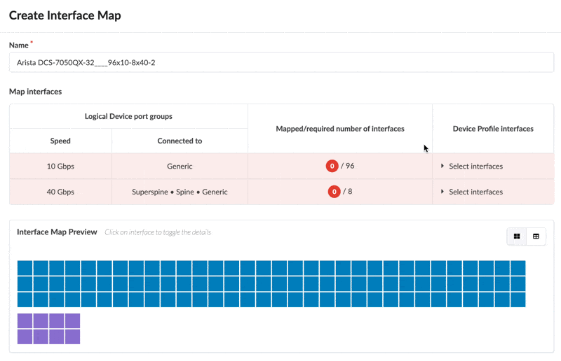 User interface for creating an interface map for Arista DCS-7050QX-32 switch with fields for name, table to map interfaces by speed, connections, and requirements, and visual map preview with clickable blocks for details.