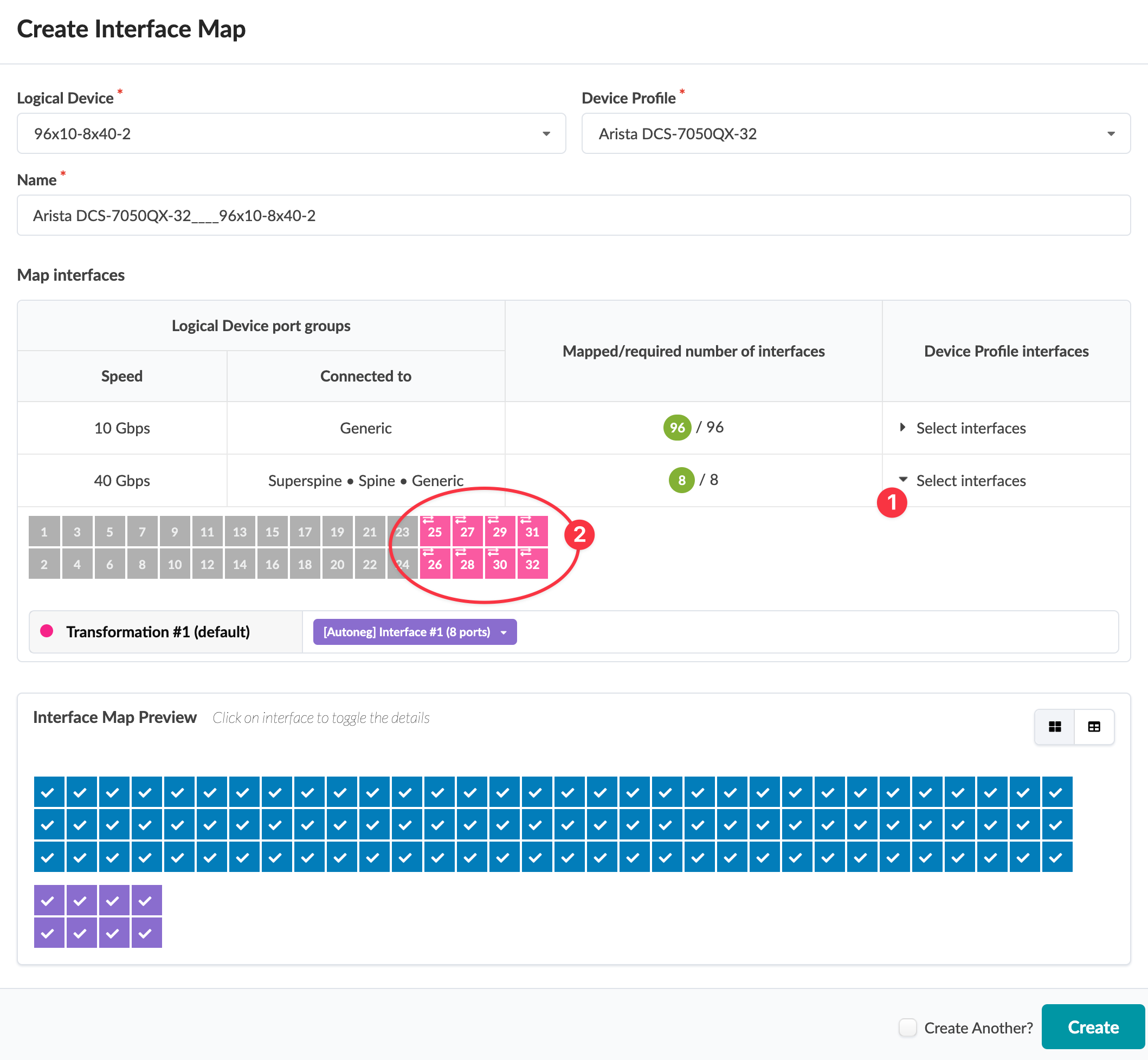 User interface for creating an interface map in a network configuration tool, highlighting ports 25–32 as 40 Gbps on Arista DCS-7050QX-32 switch.