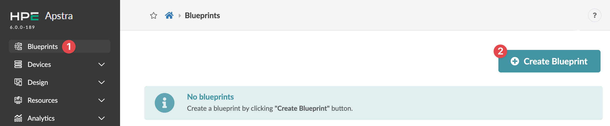 HPE Apstra platform interface showing the Blueprints section with no blueprints created and a Create Blueprint button for adding new blueprints.