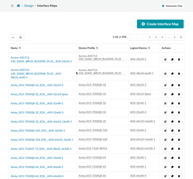User interface for managing Interface Maps with a table showing Name, Device Profile, Logical Device, Actions, and a Create Interface Map button for adding entries. Pagination controls indicate multiple pages.