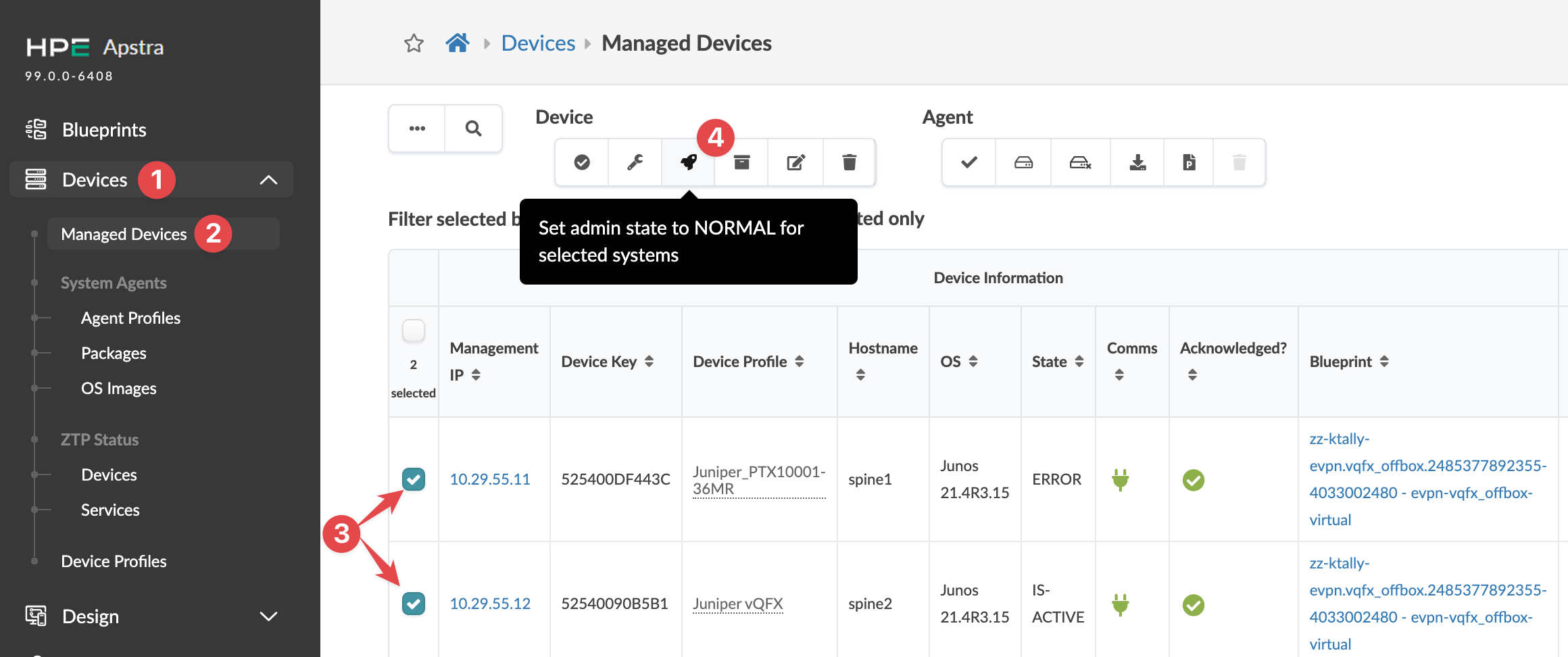 Screenshot of HPE Apstra Managed Devices section showing device list with details like Management IP, Hostname, OS, State, and Blueprint. Tooltip indicates action to set admin state to NORMAL for selected devices. Sidebar includes navigation options for Blueprints, Devices, System Agents, ZTP Status, and Device Profiles.