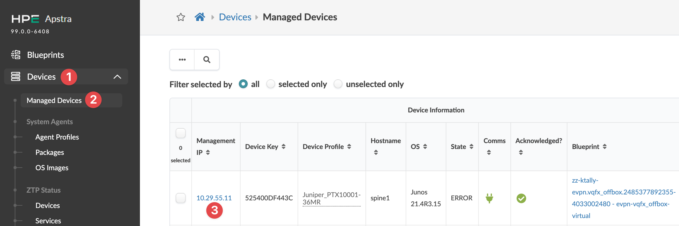 Juniper Apstra Managed Devices section showing network device details like Management IP, Device Key, Hostname, OS, and State.