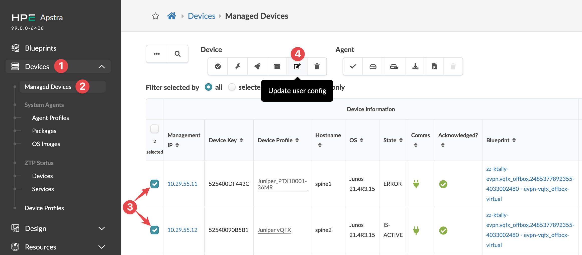 Juniper Apstra interface screenshot of Managed Devices section with list of network devices showing details like Management IP, Device Key, and Device Profile.