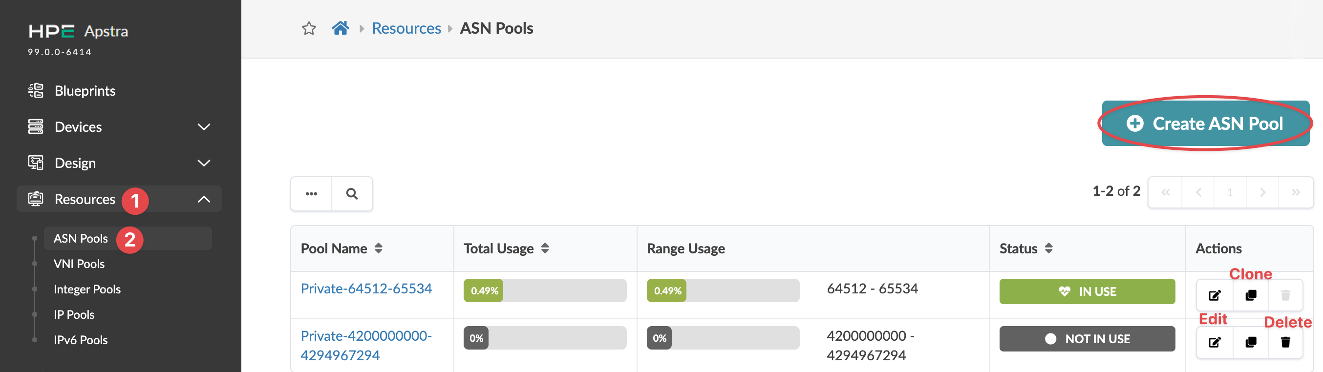 HPE Apstra interface showing ASN Pools under Resources, listing pool names, usage percentages, range usage, and statuses. Includes options to clone, edit, or delete pools and a Create ASN Pool button.