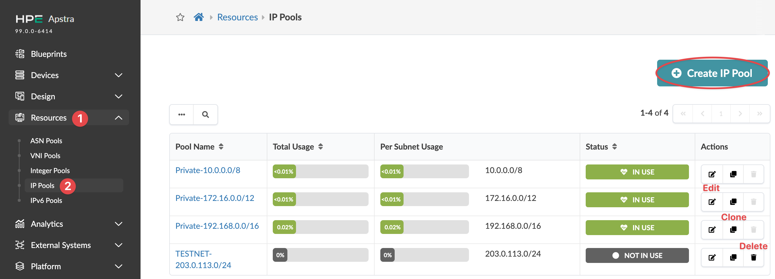 IP Pools section of HPE Apstra interface showing list of IP pools with columns for name, usage, subnet, status, and actions like edit, clone, and delete.