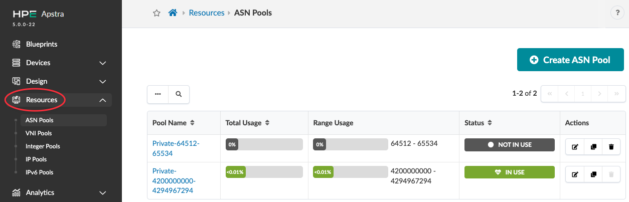 Juniper Apstra interface showing ASN Pools section with two pools: Private-64512-65534 and Private-4200000000-4294967294. First pool 0 percent usage and not in use. Second pool less than 0.01 percent usage and in use.