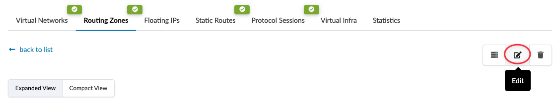 Network management interface with tabs for Virtual Networks, Routing Zones selected, Floating IPs, and more. Red-circled Edit button highlighted.