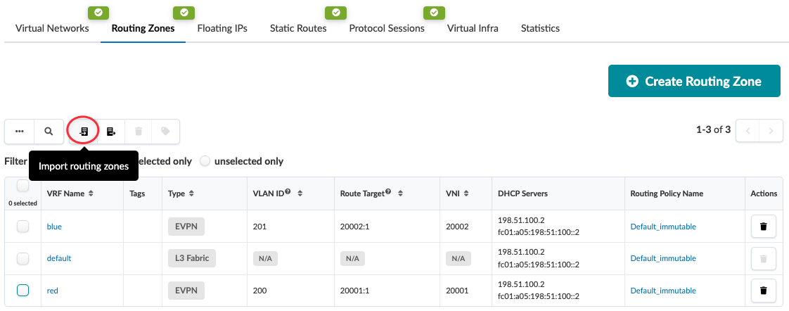 Network management interface displaying Routing Zones with VRF Name, Tags, Type, VLAN ID, and more. Highlighted icon suggests importing routing zones.