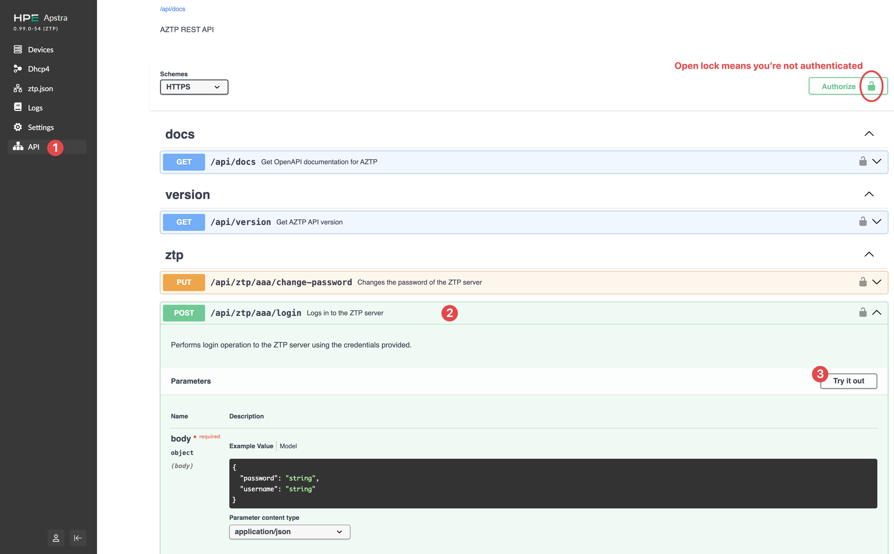 HPE Apstra AZTP REST API documentation interface showing navigation options, API endpoints, and authentication status with an expanded login endpoint.