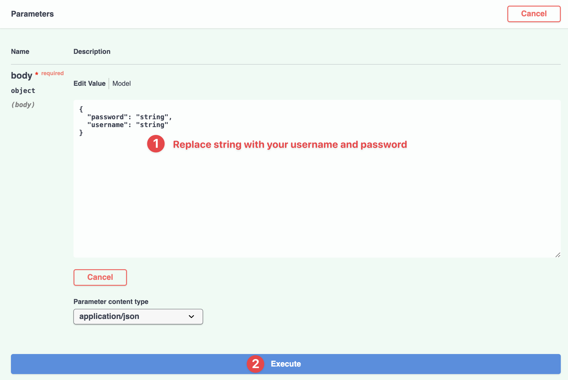 API testing interface showing parameters section with required body object. JSON input fields for username and password with instruction to replace default text. Buttons for Cancel and Execute. Content type set to application/json.