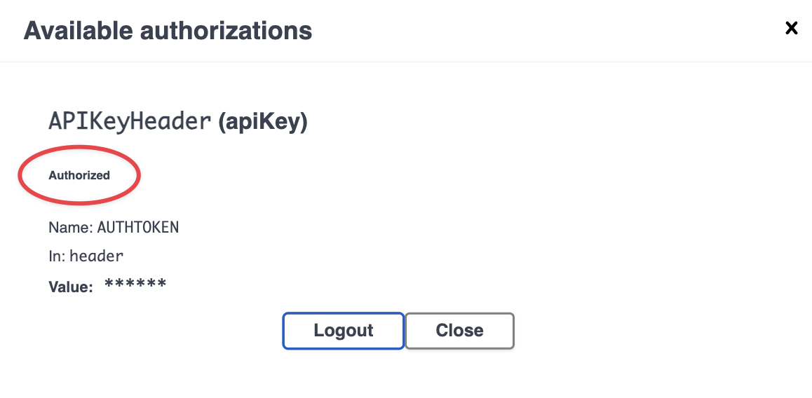API authorization interface with APIKeyHeader apiKey, status Authorized in red circle, token name AUTHTOKEN, in header, value masked. Logout and Close buttons at bottom.
