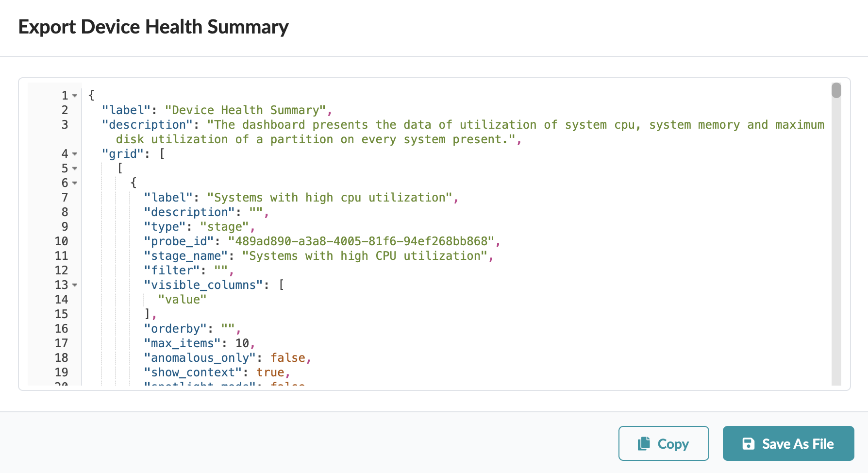 JSON configuration for Device Health Summary export showing dashboard details on system CPU utilization, memory usage, and disk utilization, with options to copy or save the JSON file.