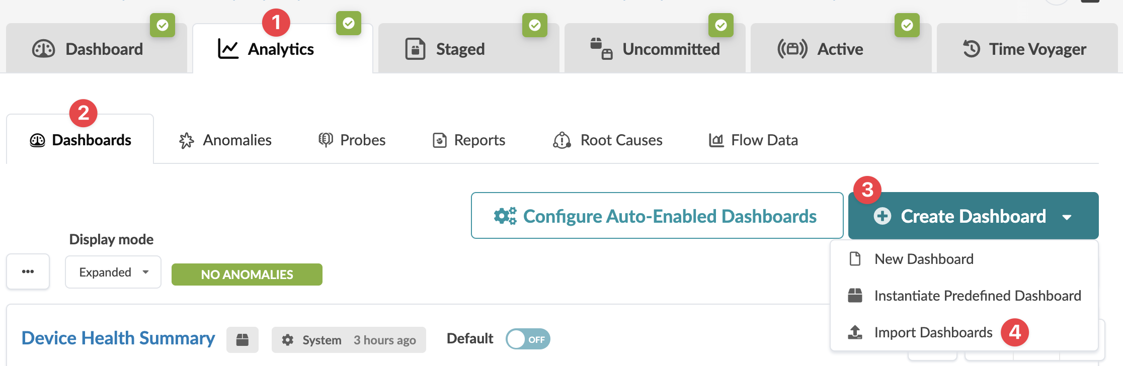 User interface screenshot of a monitoring platform with tabs for Dashboard, Analytics, and more. Currently in Dashboard section, with options to create or configure dashboards. Device Health Summary shows no anomalies.