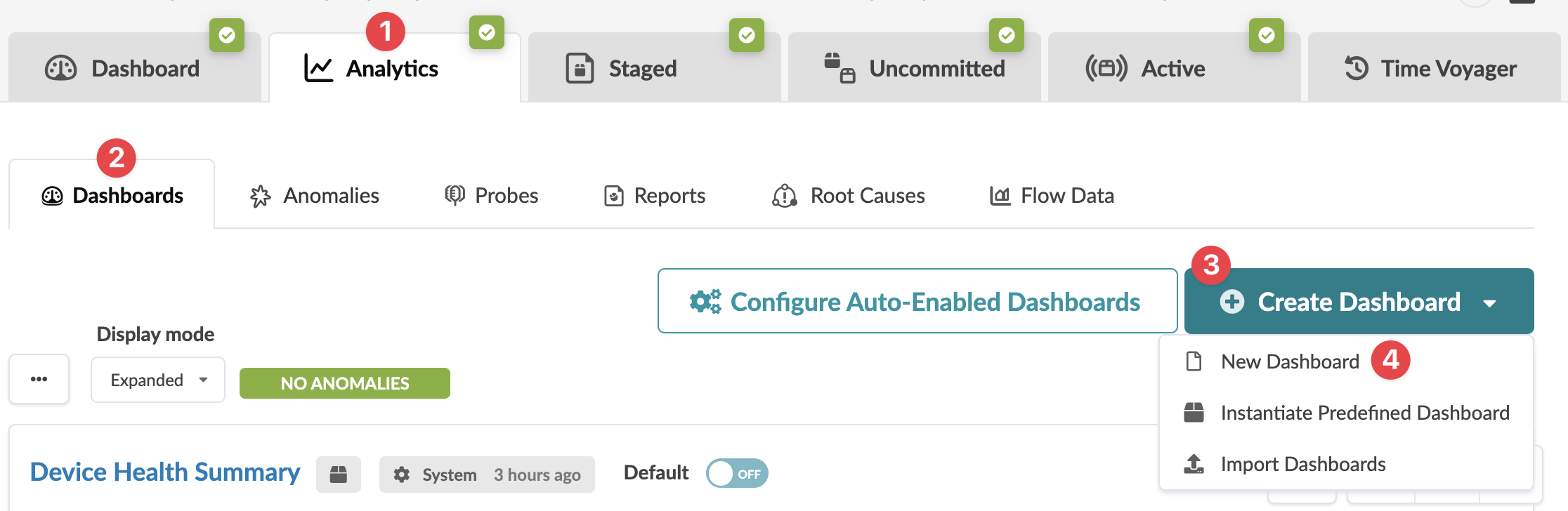 Dashboard management interface with navigation tabs for Dashboard, Analytics, Staged, Uncommitted, Active, and Time Voyager. Options include Dashboards, Anomalies, Probes, Reports, Root Causes, and Flow Data. Features Create Dashboard button with dropdown, Configure Auto-Enabled Dashboards, and Display mode with Expanded view. Device Health Summary shows System status and toggle set to OFF.
