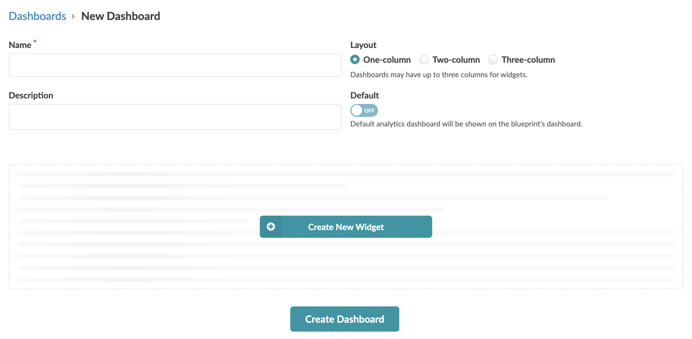 User interface for creating a new dashboard with fields for name and description, layout options, default toggle, widget creation button, and create dashboard button.