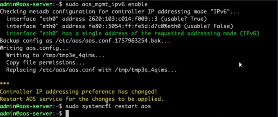 Terminal session showing commands to enable IPv6 on a server, update configurations, and restart the AOS service to apply changes.