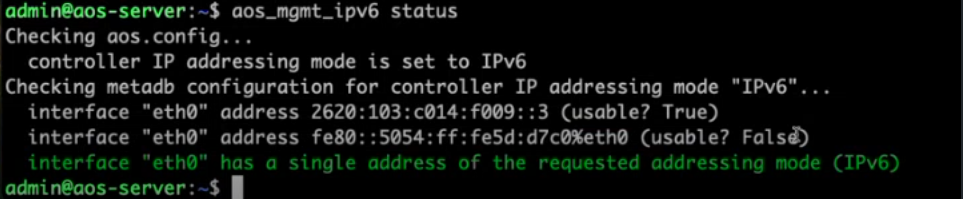 Terminal output showing IPv6 configuration status on server. Controller IP mode set to IPv6. Two IPv6 addresses listed for eth0: 2620:103:c014:f009::3 usable True, fe80::5054:ff:fe5d:d7c0%eth0 usable False. Eth0 has one IPv6 address.