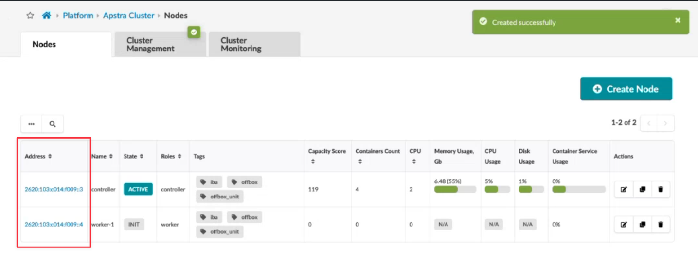 Web interface for managing nodes in an Apstra Cluster showing tabs, breadcrumb navigation, Node Information Table with details like address, name, state, roles, tags, capacity score, containers count, CPU, memory usage, disk usage, container service usage, and actions. Includes Create Node button, success notification, and pagination controls.