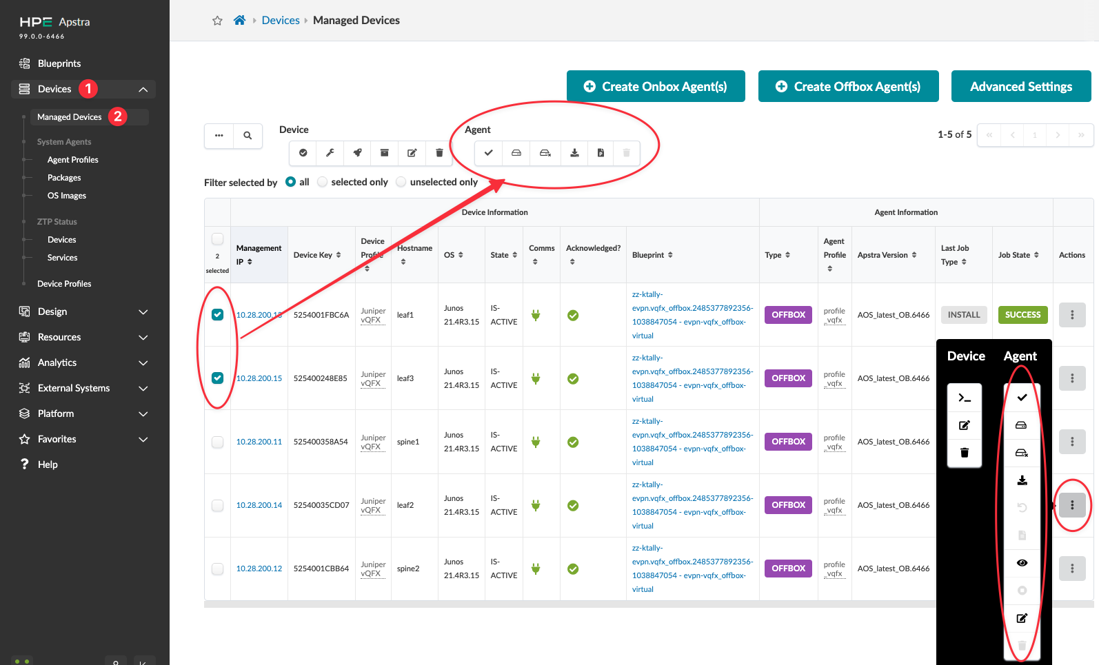 Juniper Apstra UI showing Managed Devices table with device details like IP, hostname, OS, state, and actions. Two devices selected.