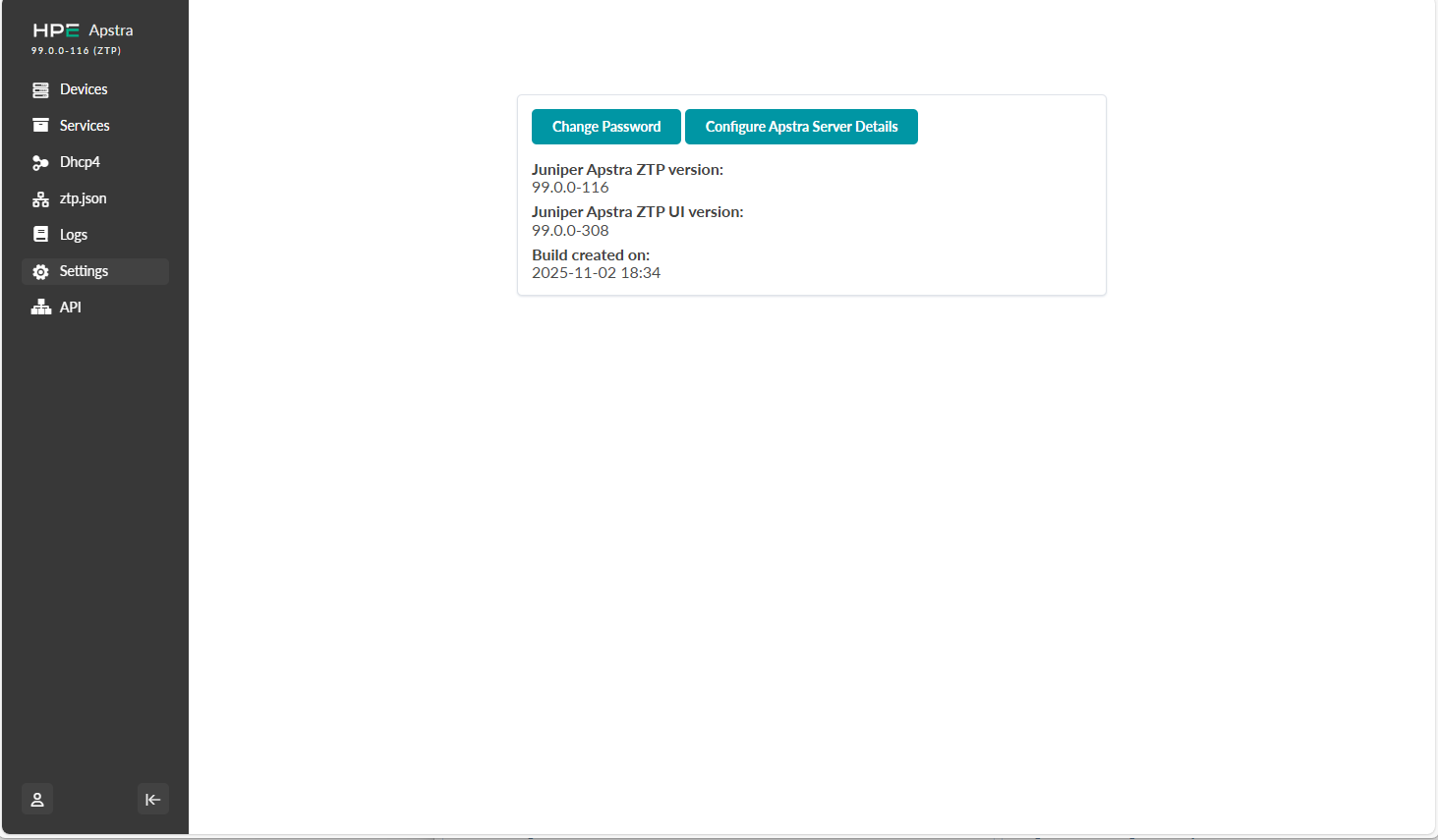User interface of HPE Apstra ZTP system with sidebar menu options like Devices, Services, Dhcp4, ztp.json, Logs, Settings, API, and main panel showing version details, password change, and server configuration buttons.