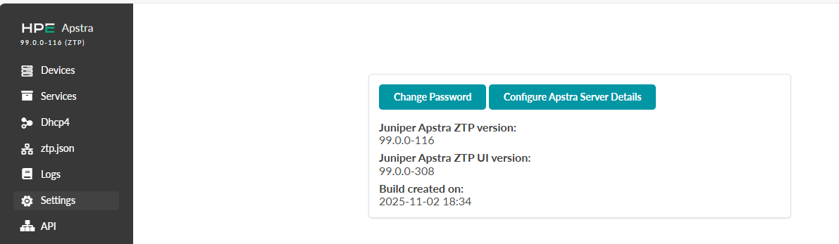 HPE Apstra Zero Touch Provisioning interface showing Juniper Apstra ZTP version 99.0.0-116, ZTP UI version 99.0.0-308, build date 2025-11-02 18:34, navigation menu, and options to change password or configure server details.