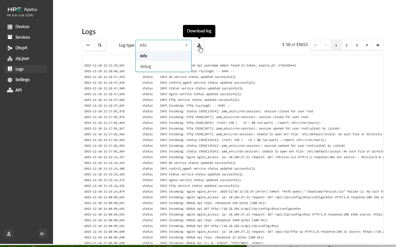 User interface for managing logs in HPE Apstra with sidebar menu, log entries, filtering options, download button, and pagination controls.