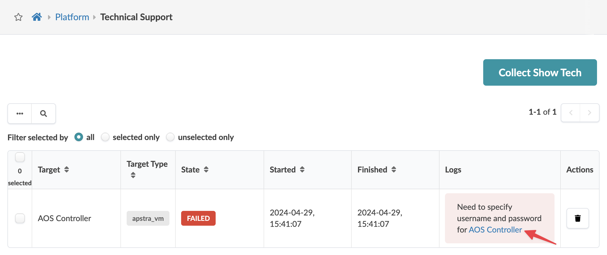 Technical support interface showing a table with a failed AOS Controller entry needing username and password.