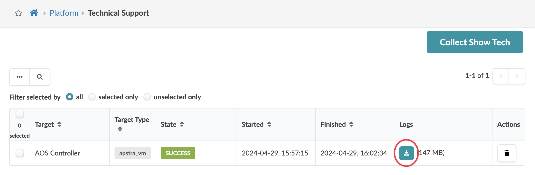 Technical Support interface showing a log collection table with one entry for AOS Controller, status SUCCESS, logs 147 MB downloadable.