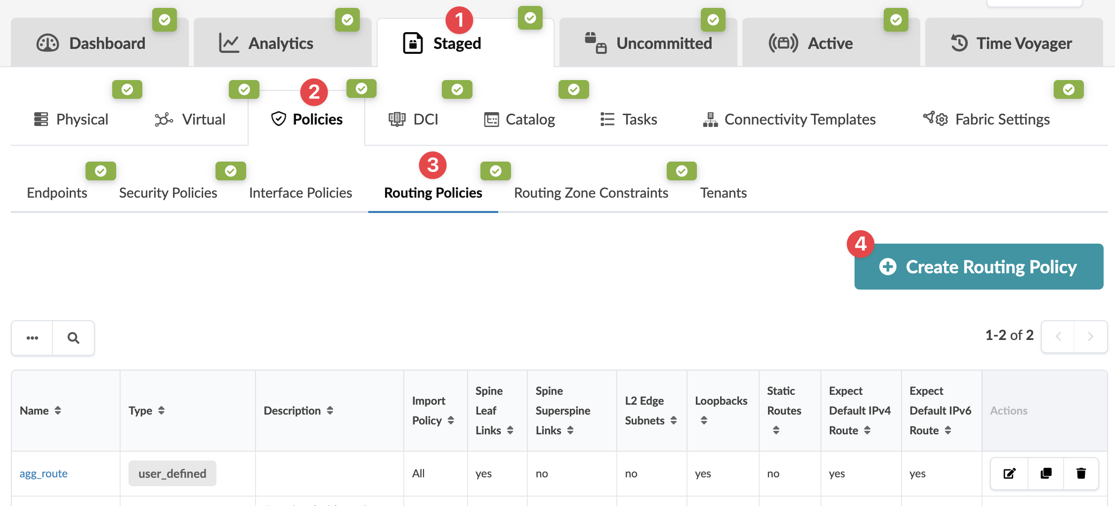 Screenshot of a network management interface showing routing policy configuration with tabs for Dashboard, Analytics, and more. A table lists routing policies with columns like Name and Type. A Create Routing Policy button is visible.
