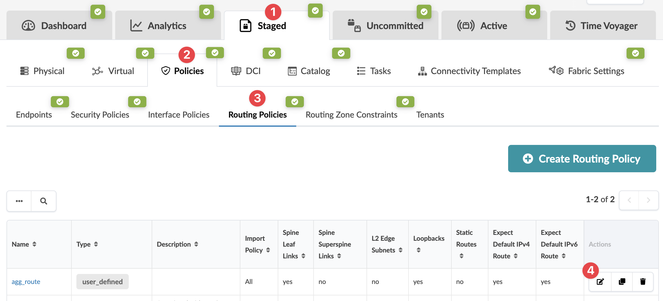 Screenshot of a network management tool interface, focused on the Routing Policies section, showing a table with columns for policy name, type, description, and attributes, plus options to edit, duplicate, or delete policies.
