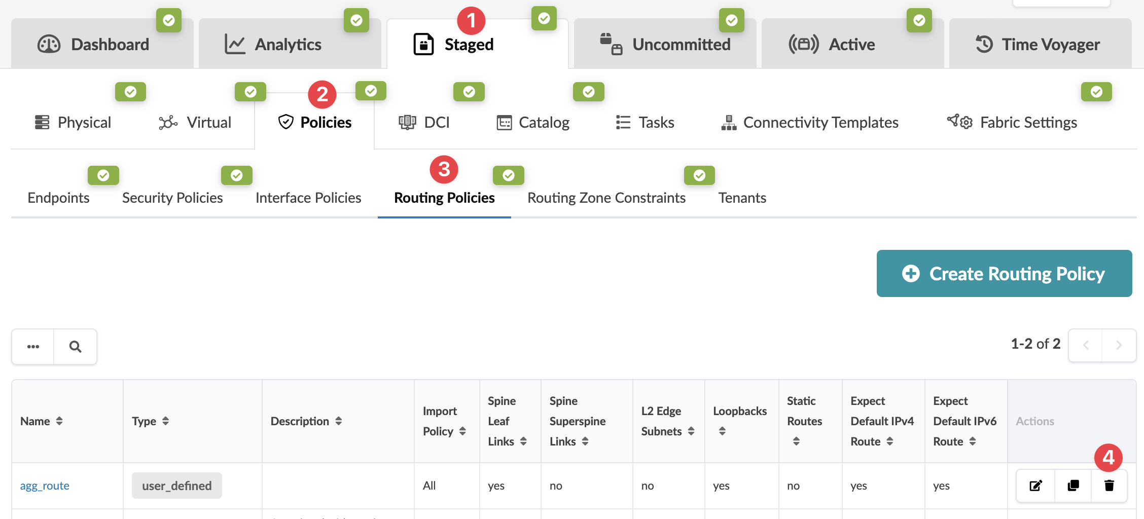 User interface for managing network policies, showing navigation tabs, policy categories, routing policies table with details like name and type, and options to edit, delete, or create new policies.