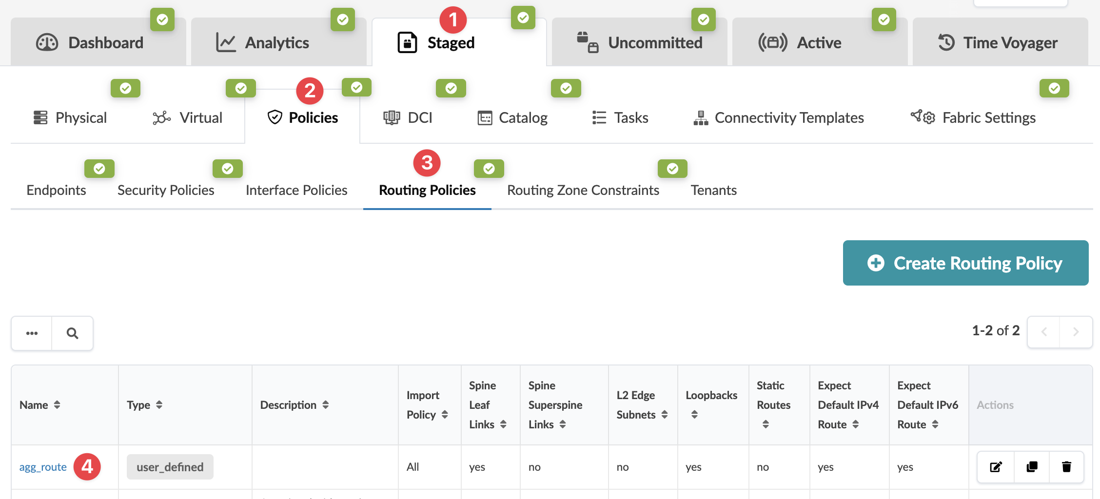 User interface of a network management tool showing the Policies section with Routing Policies active, a table of routing policies, and a Create Routing Policy button.