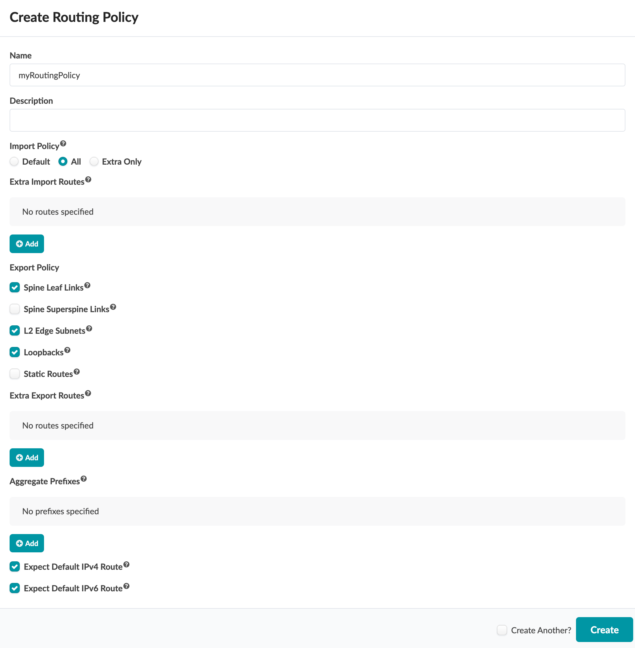 User interface for creating a routing policy with sections for name, description, import policy, export policy, aggregate prefixes, default routes, and a create button.