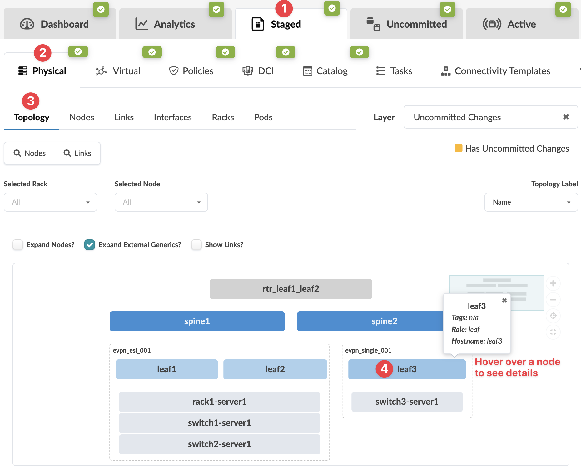 Network management interface showing physical topology. Spine nodes connect to leaf nodes, which link to devices like servers and switches. Tabs and filters allow configuration and visualization of uncommitted changes.