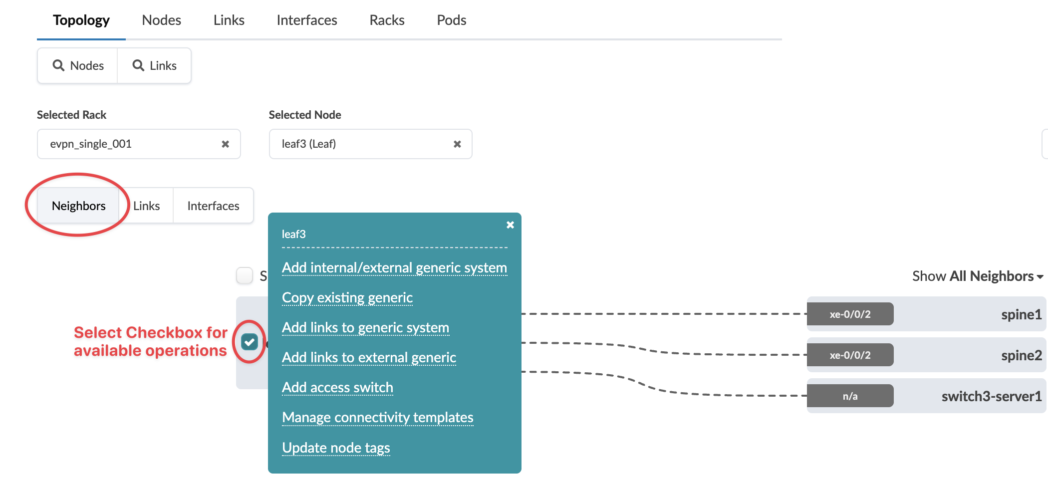 GUI for network topology management with tabs: Topology, Nodes, Links, Interfaces, Racks, Pods. Selected Rack: evpn_single_001, Node: leaf3. Connections from leaf3 to neighbors: spine1, spine2, switch3-server1. Operations menu available with options like Add internal/external system, Copy existing, Manage templates. Dashed lines show links, interfaces labeled xe-0/0/2. Dropdown: Show All Neighbors.