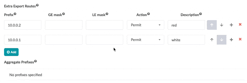Configuration interface for managing network routes with fields for prefix, GE mask, LE mask, action, and description. Includes add, reorder, and delete controls.