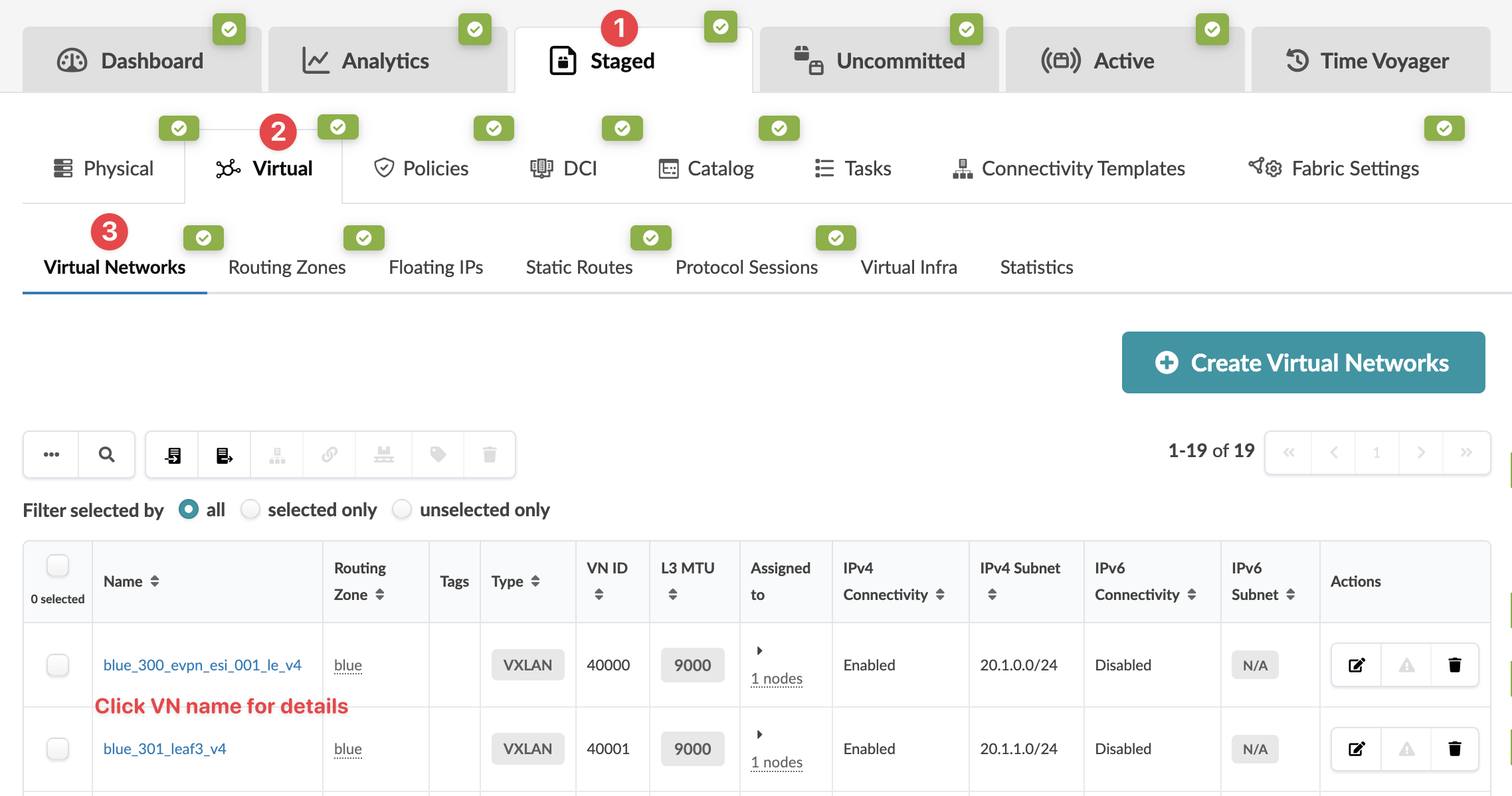 Screenshot of a network management interface showing tabs like Dashboard and Analytics, with a Virtual Networks section listing network names, types, IDs, and connectivity status.