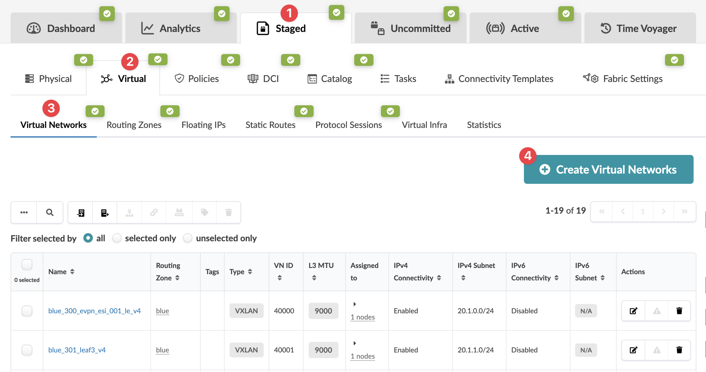 Screenshot of a network management interface showing tabs for Dashboard, Analytics, and Virtual Networks. The Virtual Networks section lists networks with attributes like Name, Type, and IPv4/IPv6 Connectivity. A Create Virtual Networks button is present.