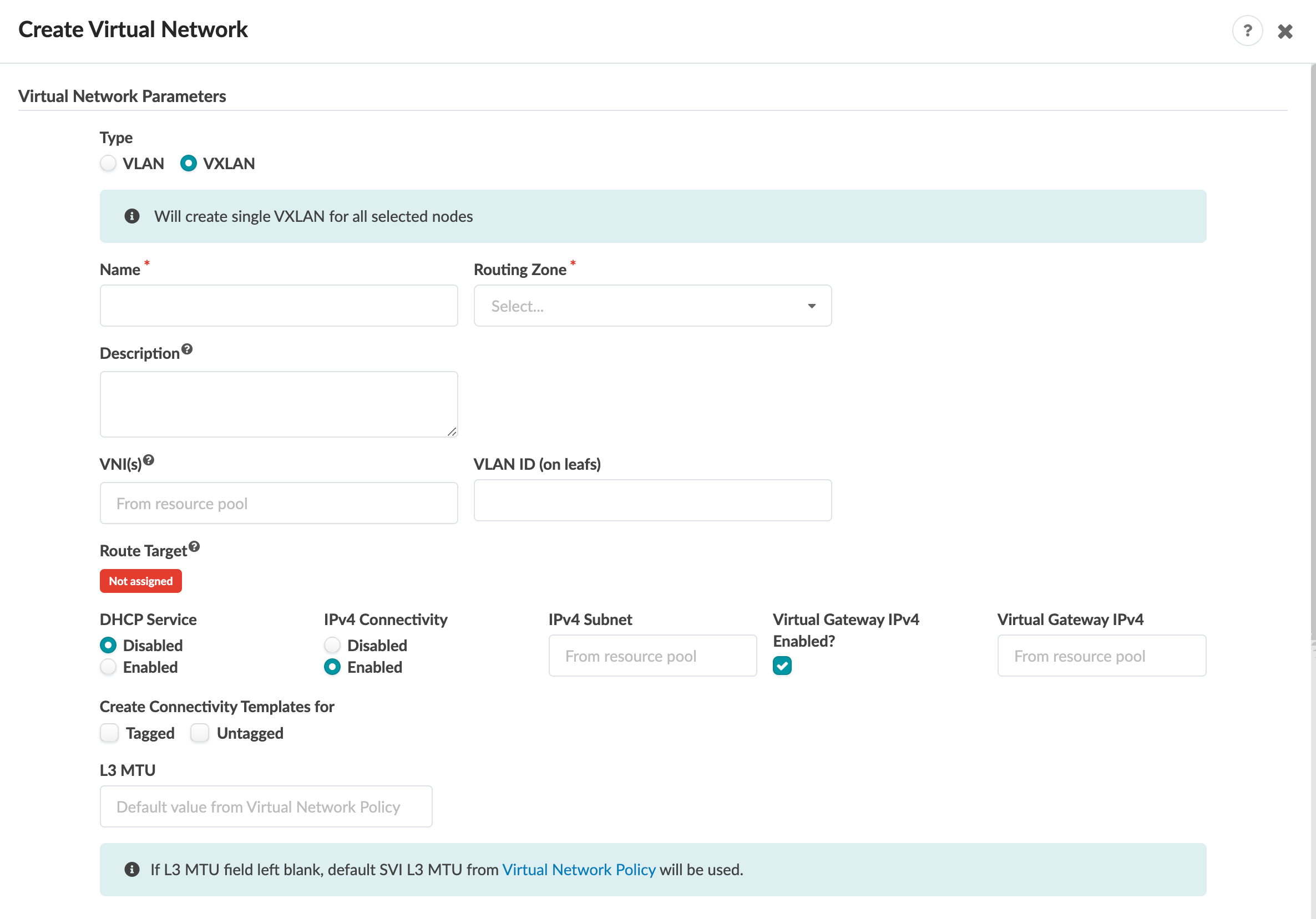Create Virtual Network form with fields for network type, name, routing zone, VNI, VLAN ID, DHCP, IPv4 subnet, and virtual gateway.