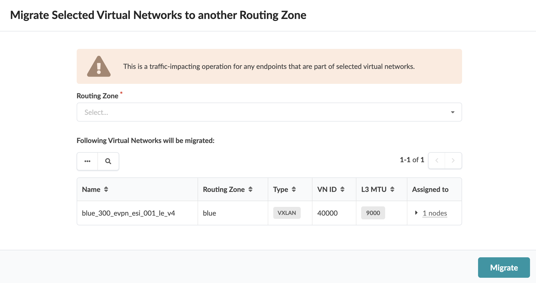 Migrate selected virtual networks to another routing zone interface with a warning about traffic impact, routing zone dropdown, table listing virtual network details, and a migrate button.