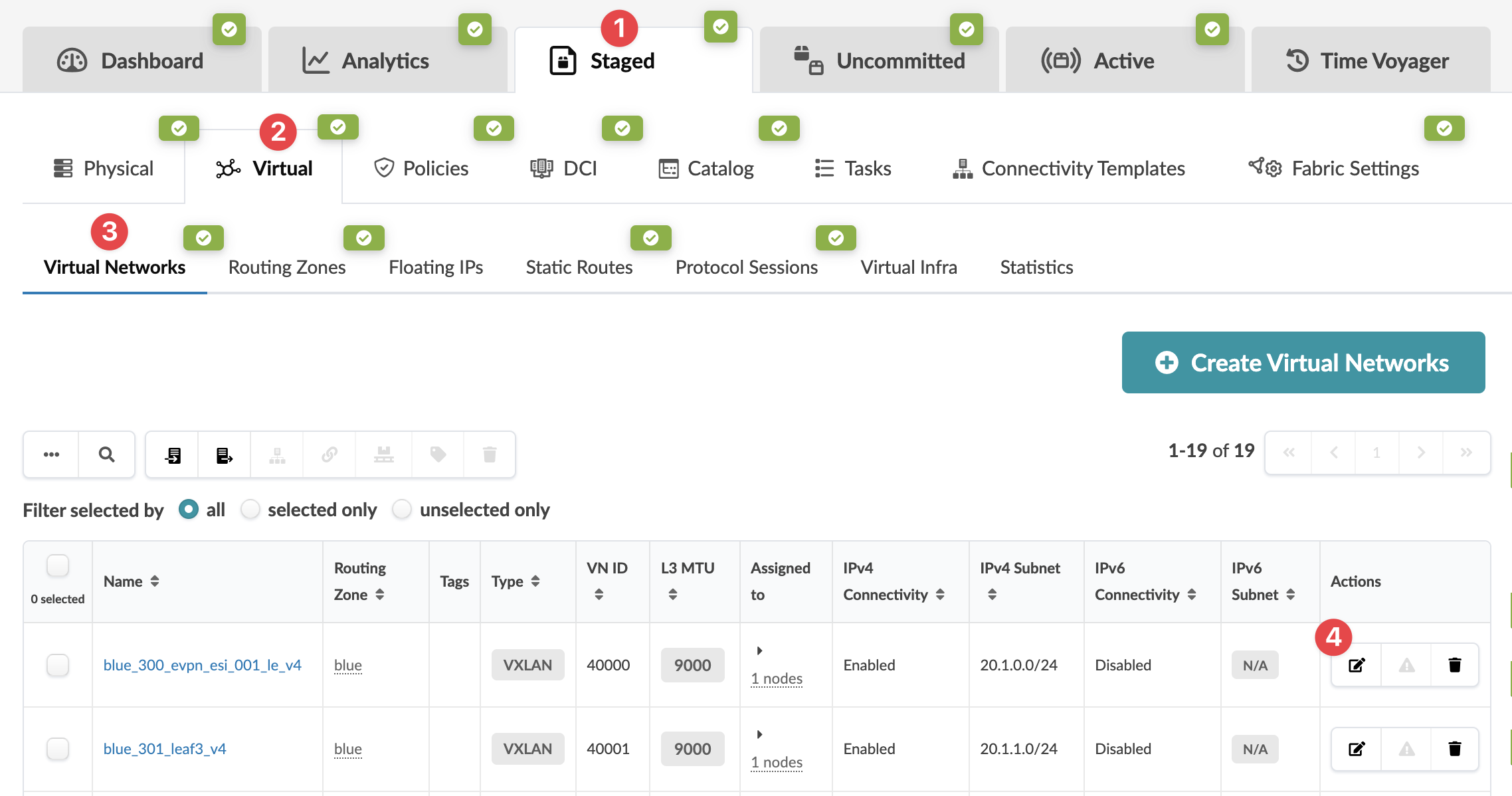User interface of a network management platform showing tabs like Dashboard, Analytics, Virtual Networks table with details like Name, Routing Zone, and action buttons like Create Virtual Networks.