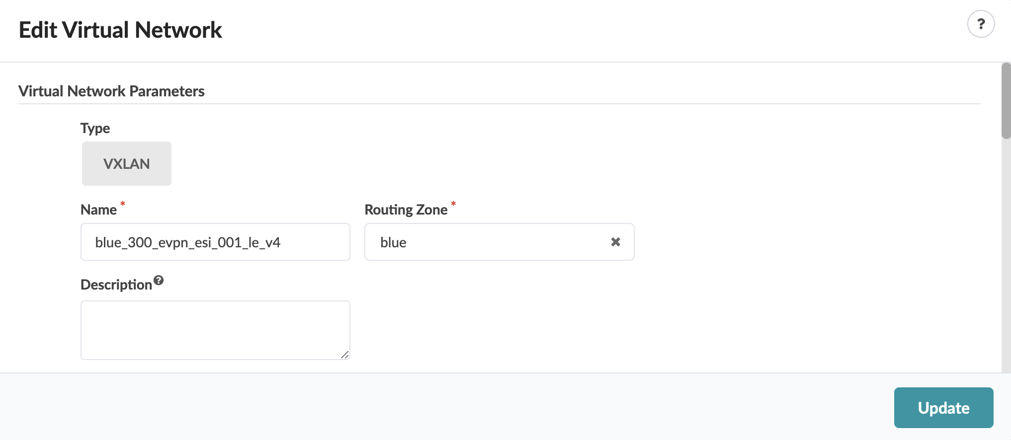 User interface for editing virtual network with fields: Type set to VXLAN, Name as blue_300_evpn_esi_001_le_v4, Routing Zone set to blue, optional Description, and Update button.
