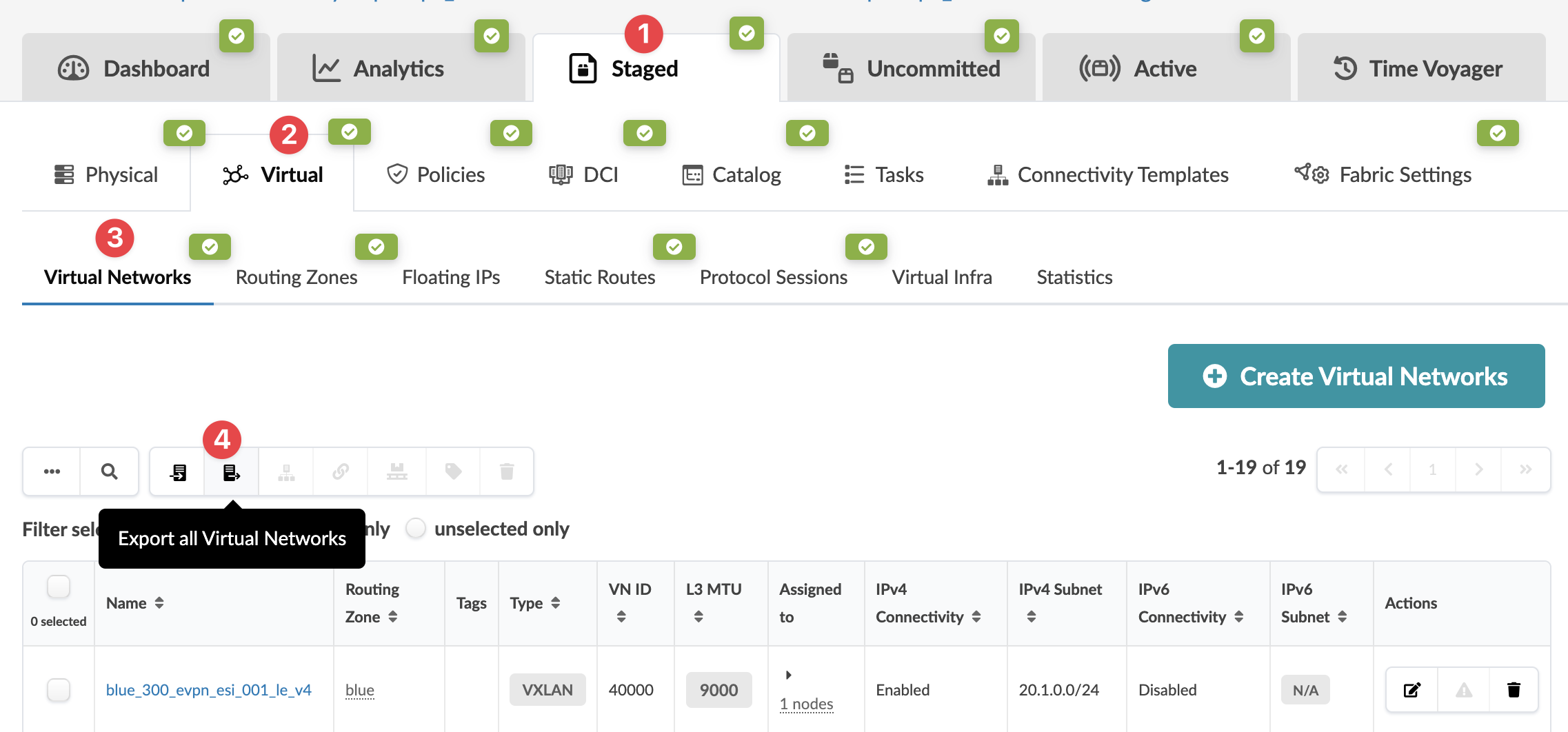 Network management interface focused on Virtual Networks with tabs for Dashboard, Analytics, and more. Virtual category selected, showing a table of virtual networks and a Create Virtual Networks button.