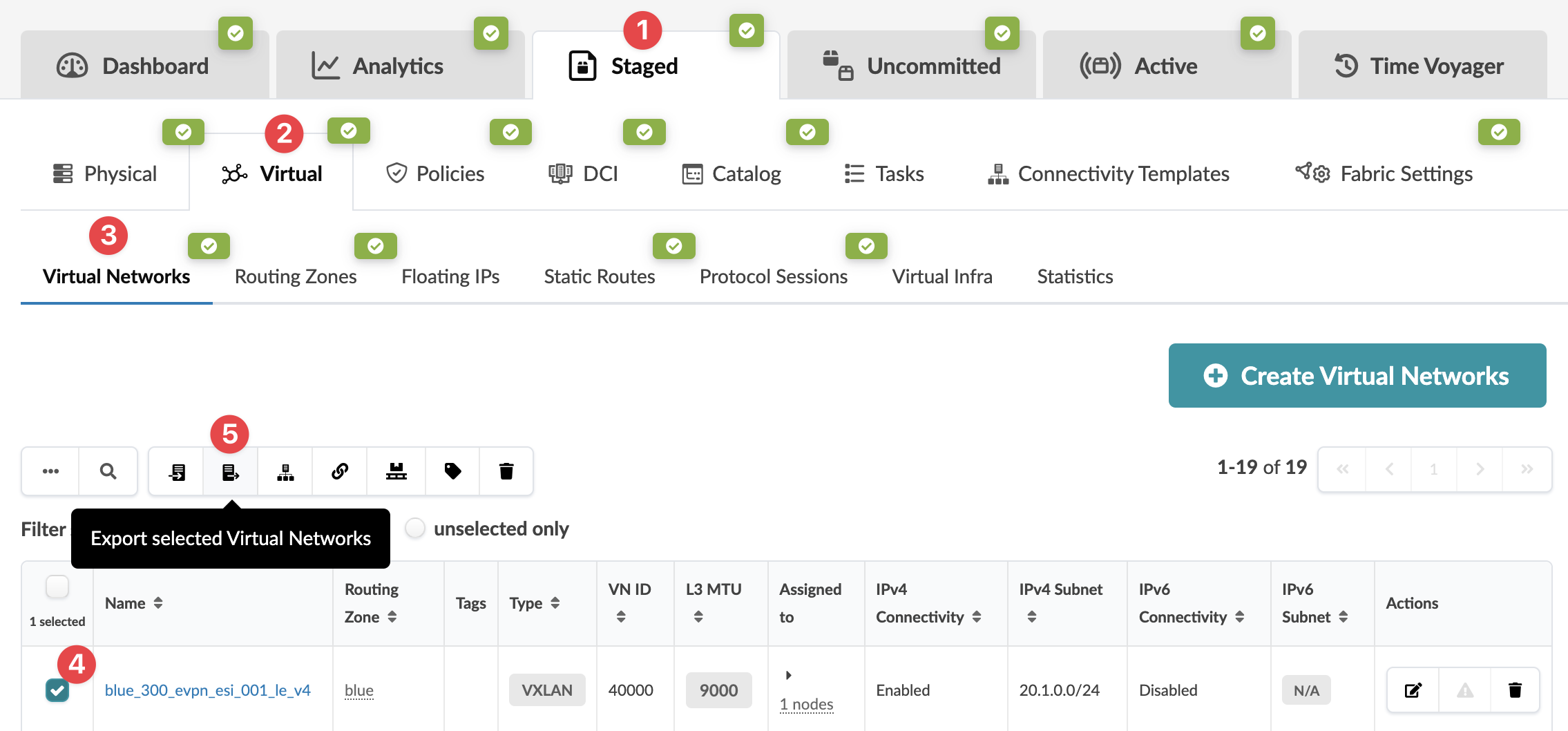 User interface for managing virtual networks with tabs for navigation, a table listing network details, and options to create, export, edit, or delete networks.