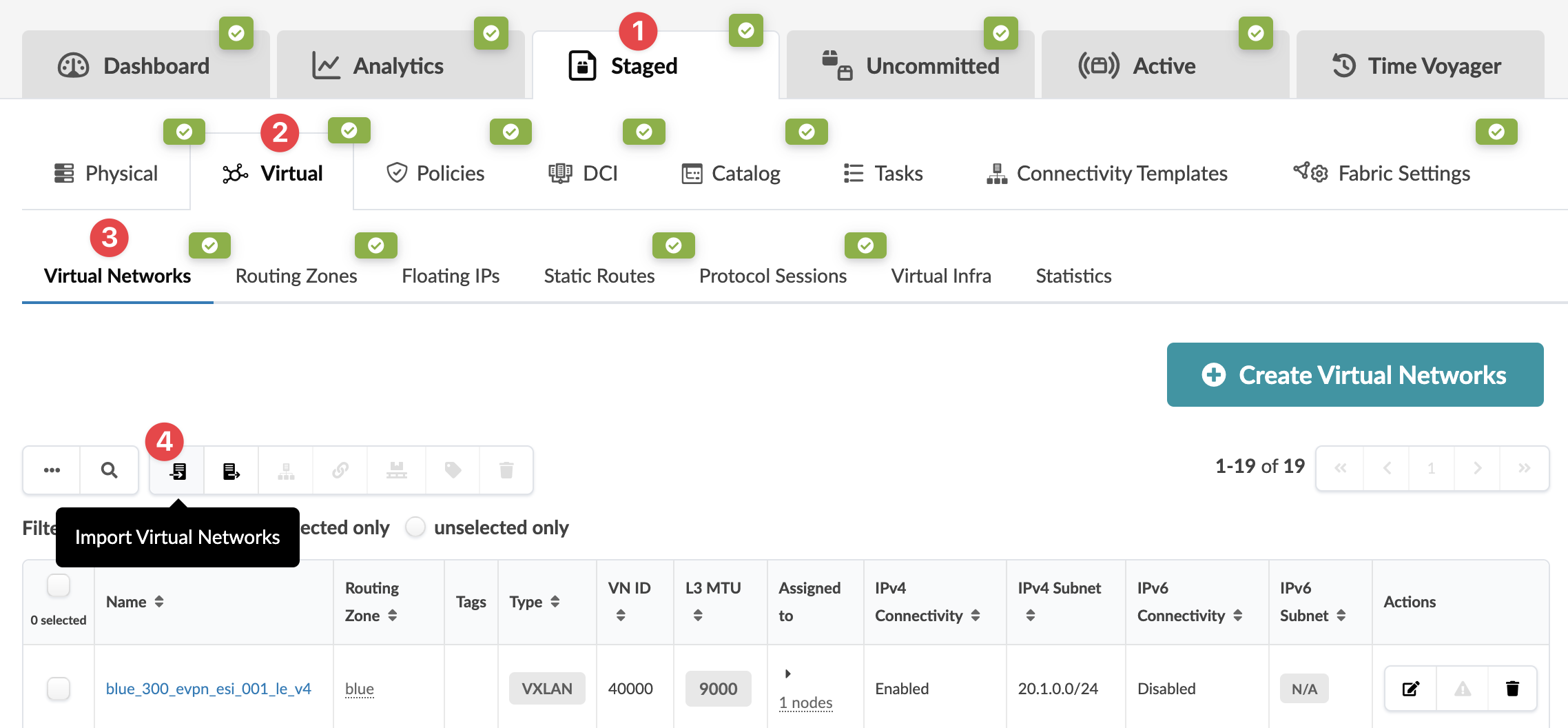 Network management interface screenshot showing tabs like Dashboard and Analytics, with Staged selected. Virtual Networks section under Virtual category is active. Table lists virtual networks with details like Name, Routing Zone, and Type. Create Virtual Networks button and filters are available for managing networks.