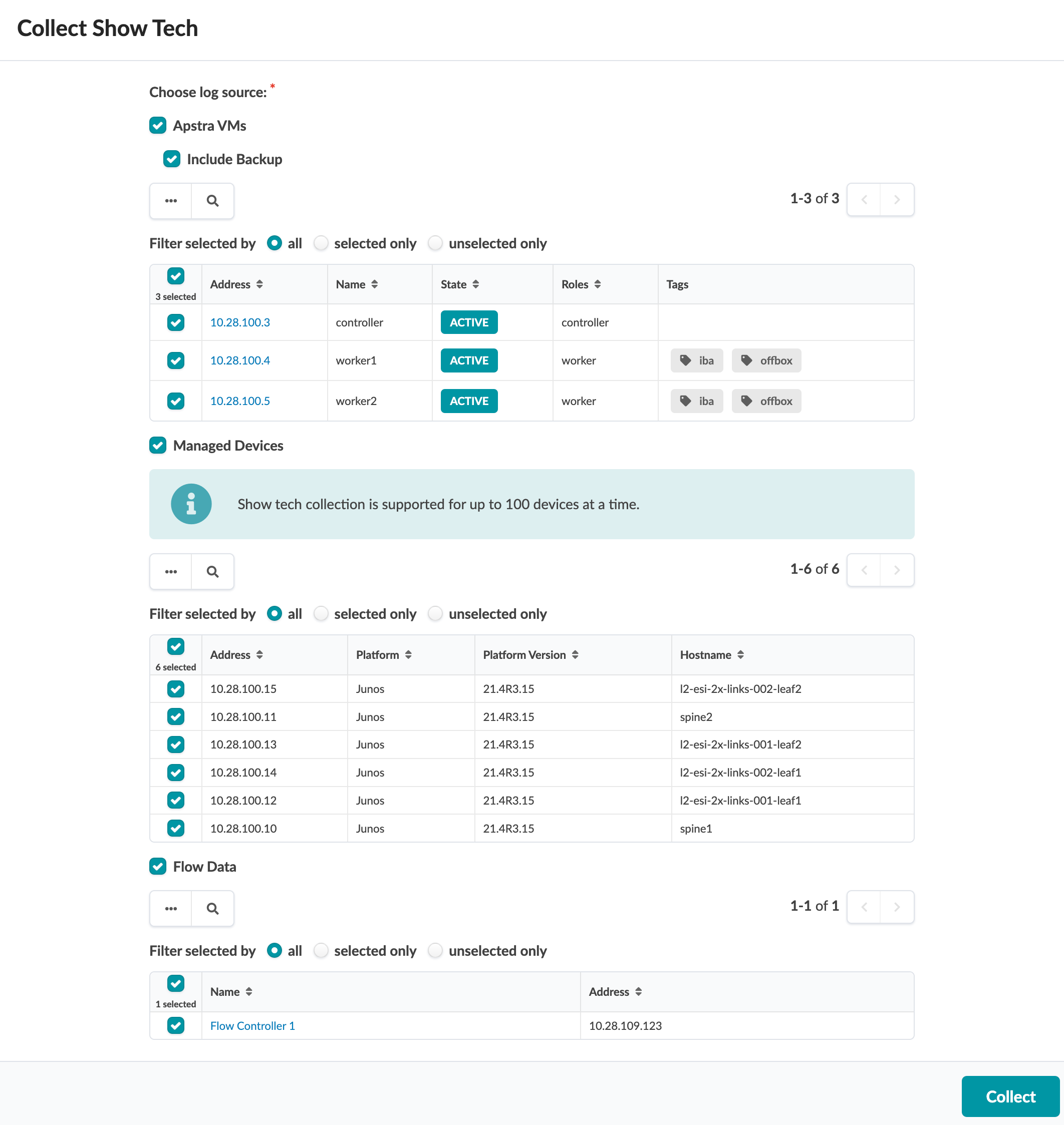 Collect Show Tech interface for selecting log sources and devices. Options include Apstra VMs, Managed Devices, and Flow Data. Collect button at bottom.