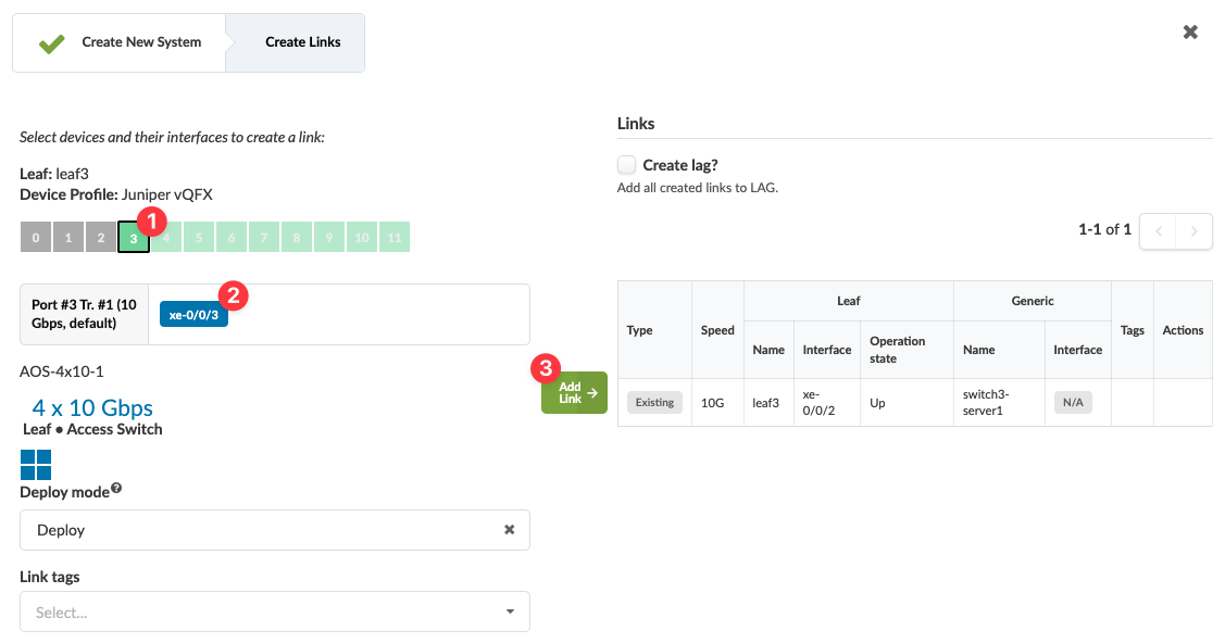 Screenshot of a network configuration interface showing Leaf device leaf3 with Juniper vQFX profile. Port 3 xe-0/0/3 is selected with 10 Gbps speed. An existing link between leaf3 xe-0/0/2 and switch3-server1 is active at 10G. Options for link aggregation and link tags are available.