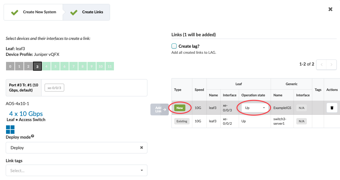 Network configuration interface showing device leaf3 with Juniper vQFX profile. Port 3 xe-0/0/3 at 10 Gbps is selected. Adding a new link with 10 Gbps speed. Two links listed: new link xe-0/0/3 Up, existing link xe-0/0/2 Up. Option to create Link Aggregation Group unchecked. Deployment mode set to Deploy.
